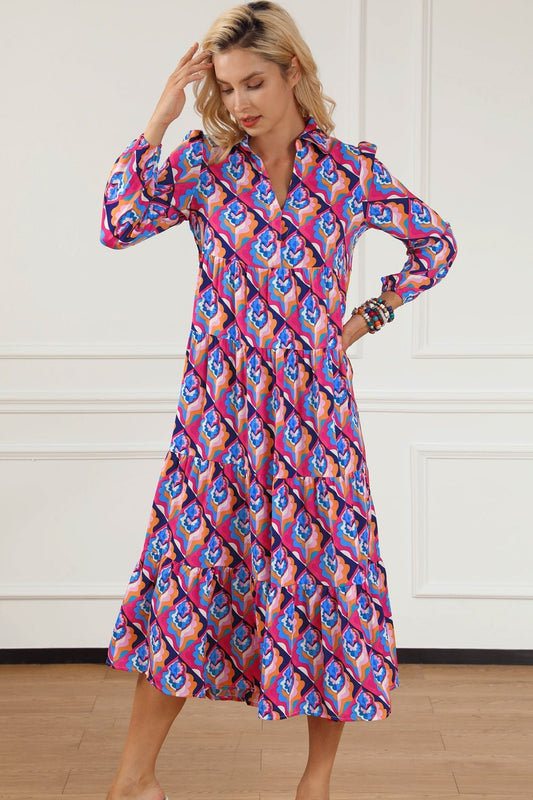 Printed Collared Neck Long Sleeve Midi Dress - Mervyns