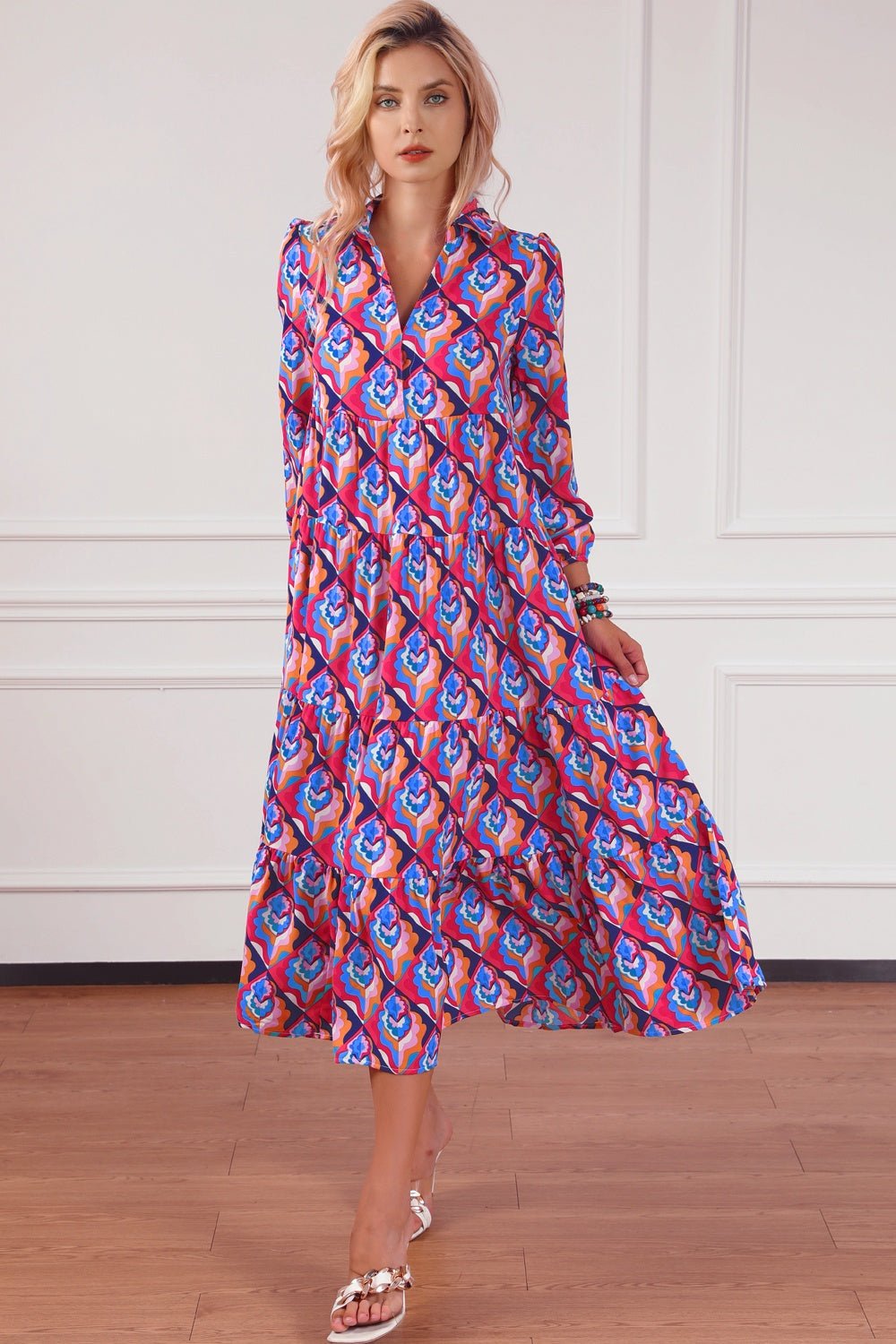 Printed Collared Neck Long Sleeve Midi Dress - Mervyns