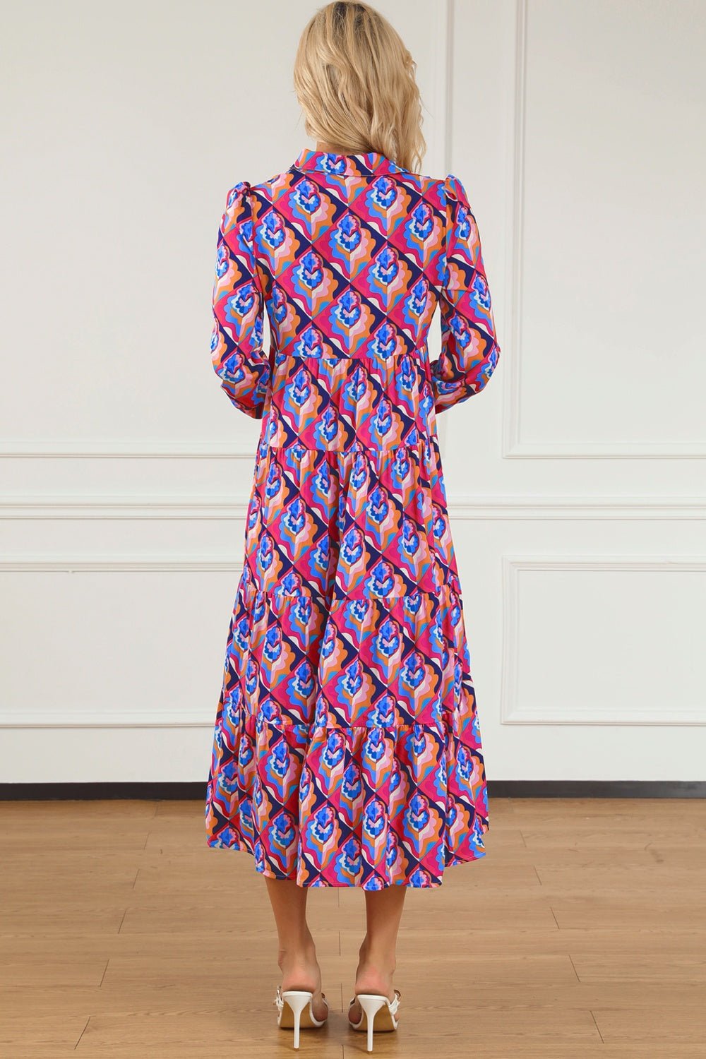 Printed Collared Neck Long Sleeve Midi Dress - Mervyns