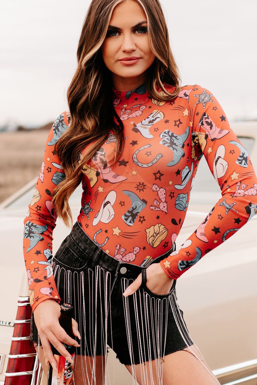 Printed Mock Neck Long Sleeve Bodysuit - Mervyns