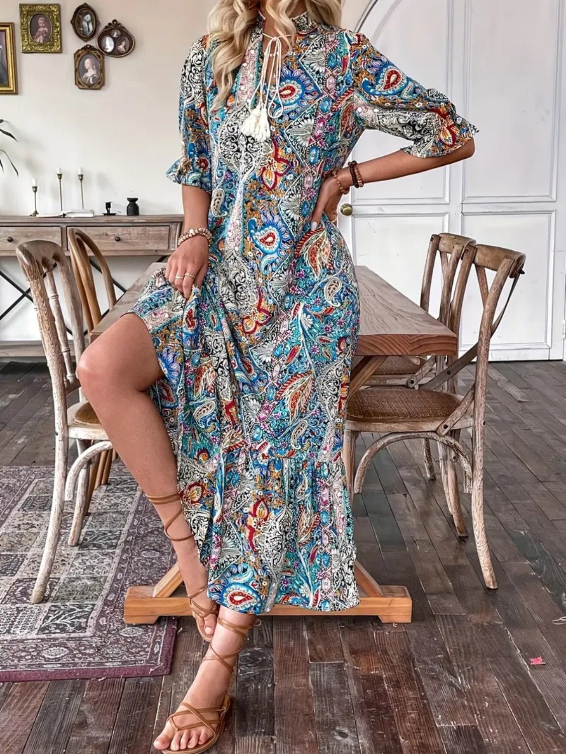 Printed Tie Neck Flounce Sleeve Midi Dress - Mervyns