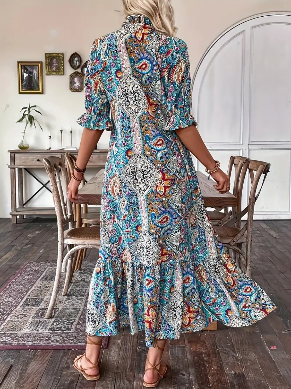 Printed Tie Neck Flounce Sleeve Midi Dress - Mervyns