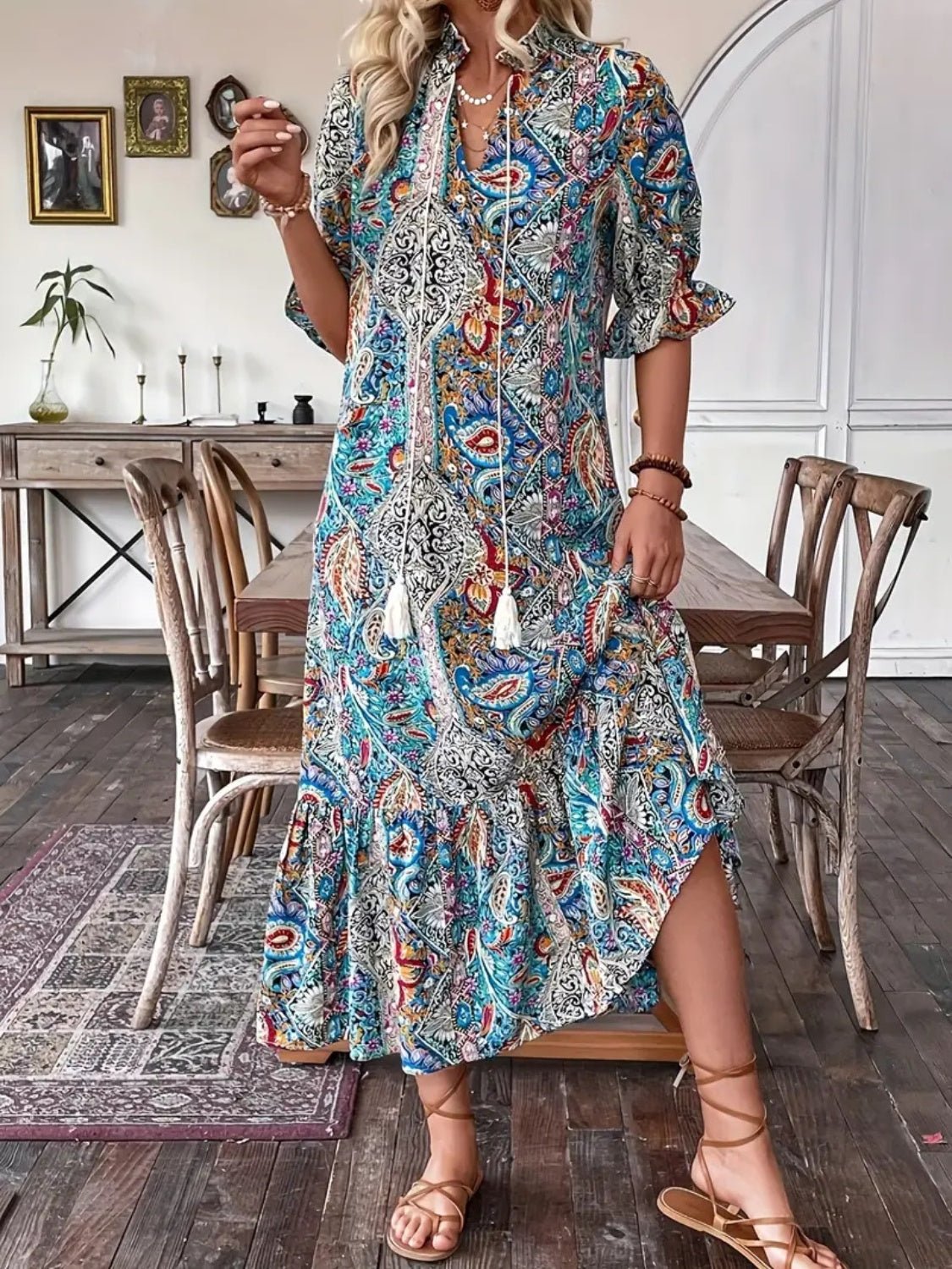 Printed Tie Neck Flounce Sleeve Midi Dress - Mervyns