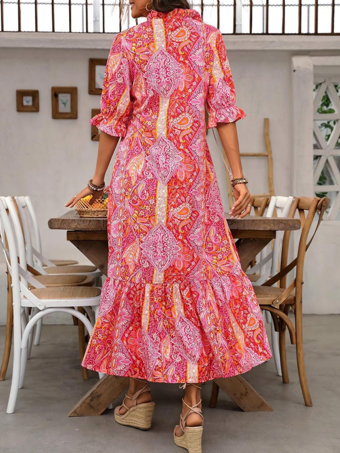 Printed Tie Neck Flounce Sleeve Midi Dress - Mervyns