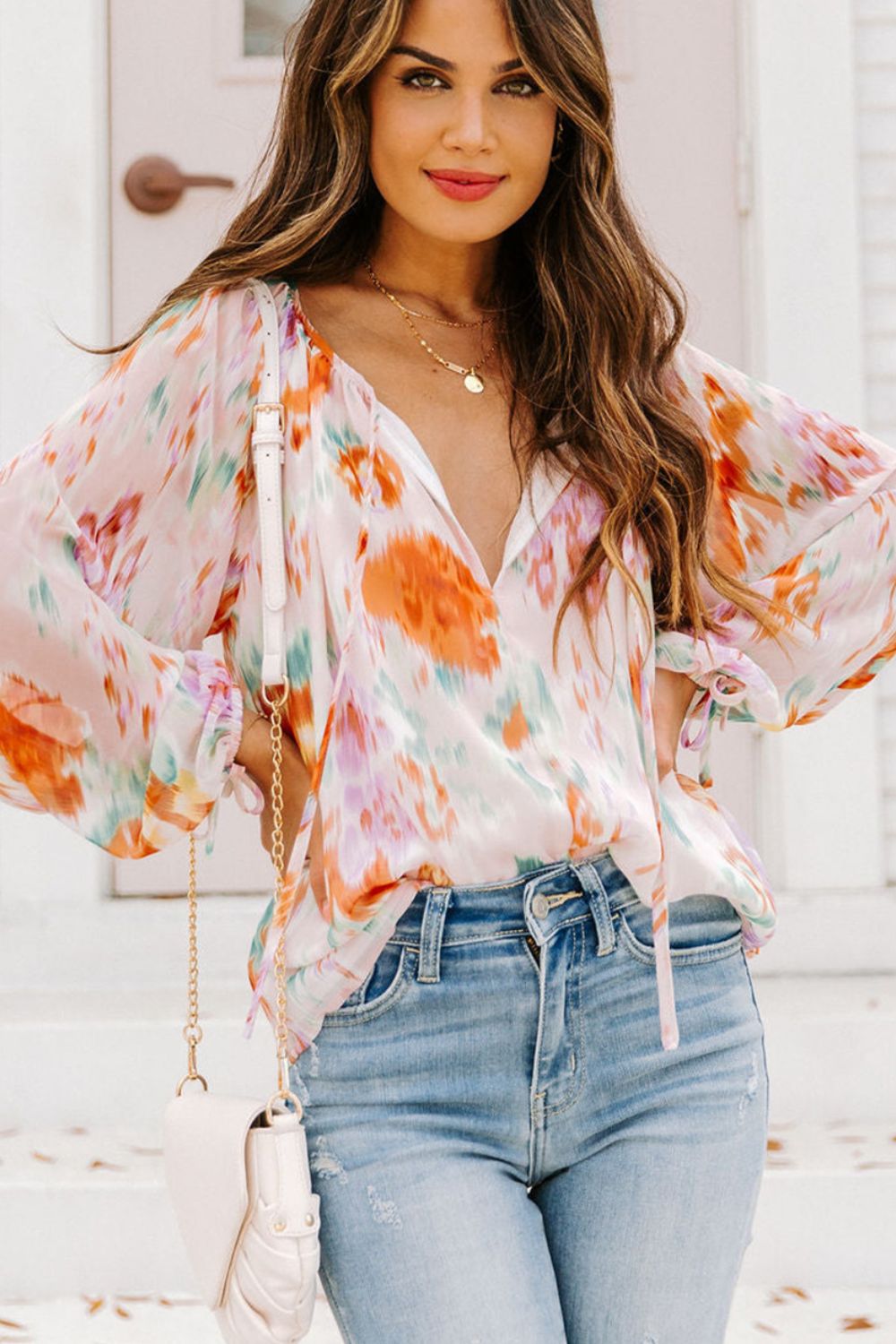 Printed Tie Neck Long Sleeve Blouse - Mervyns