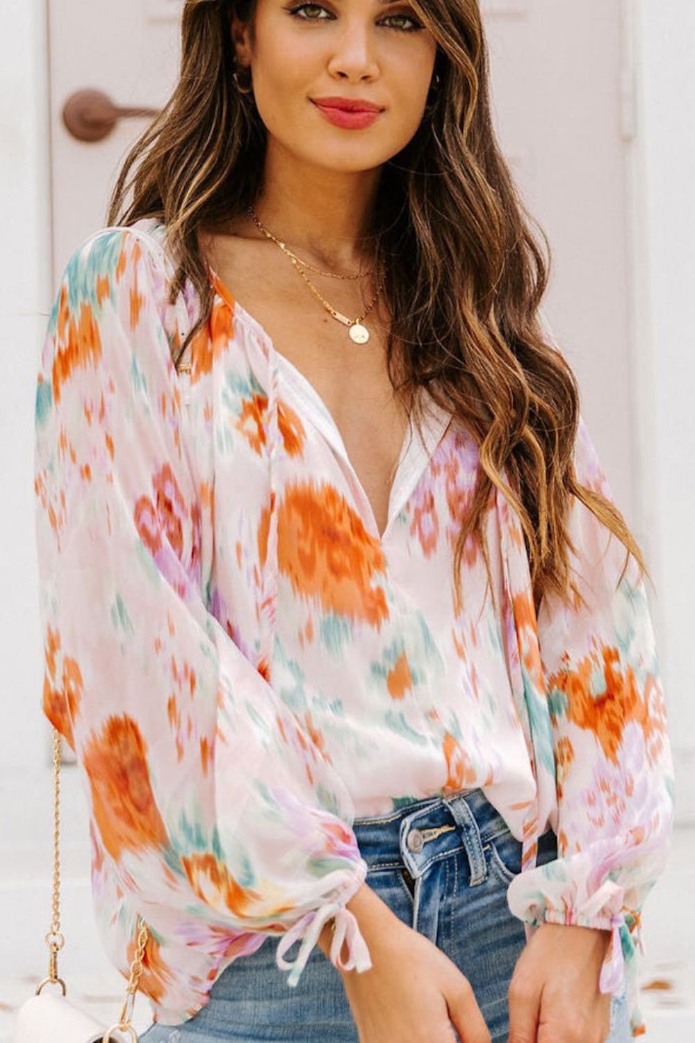 Printed Tie Neck Long Sleeve Blouse - Mervyns