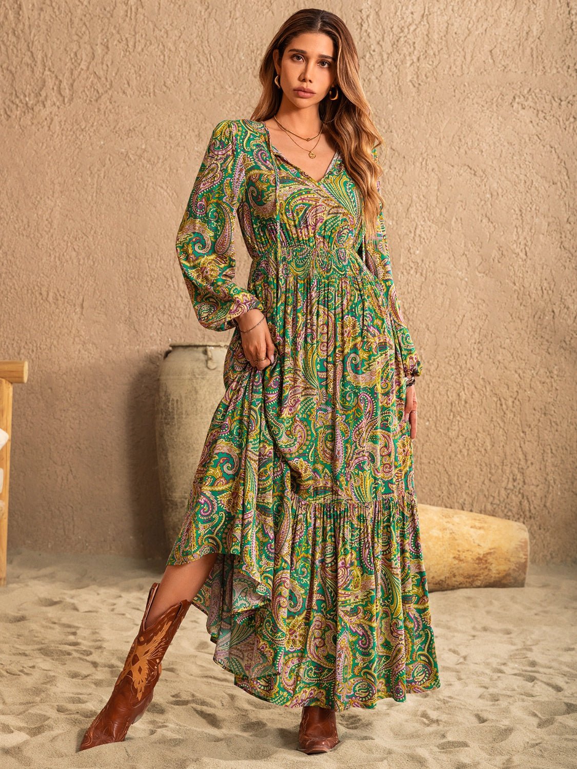 Printed Tie Neck Long Sleeve Dress - Mervyns