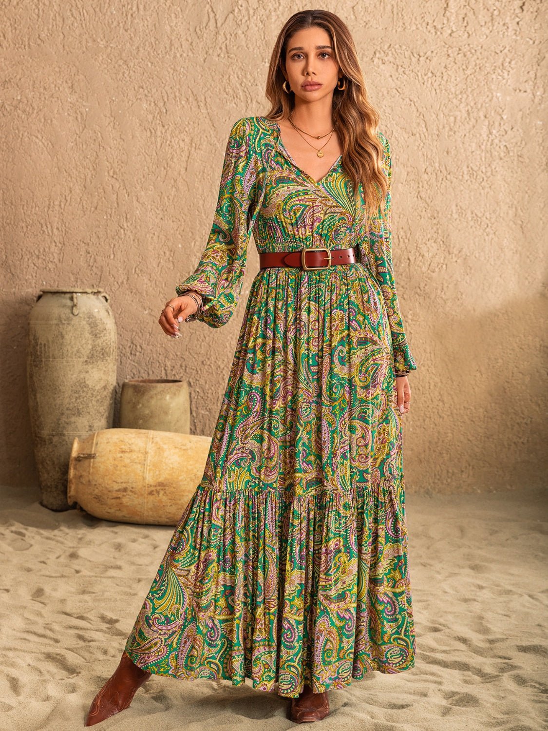 Printed Tie Neck Long Sleeve Dress - Mervyns