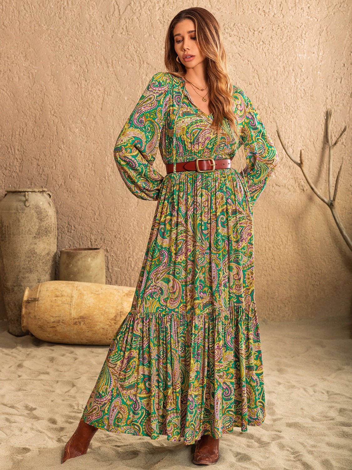 Printed Tie Neck Long Sleeve Dress - Mervyns