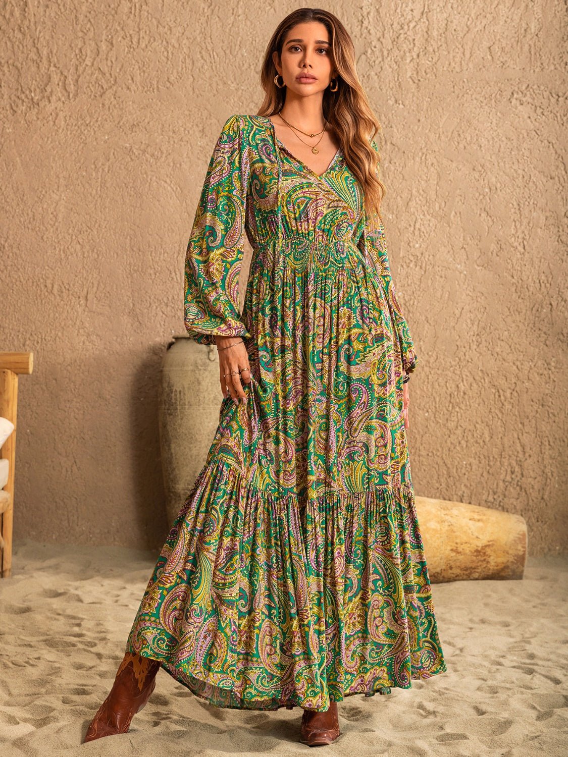 Printed Tie Neck Long Sleeve Dress - Mervyns