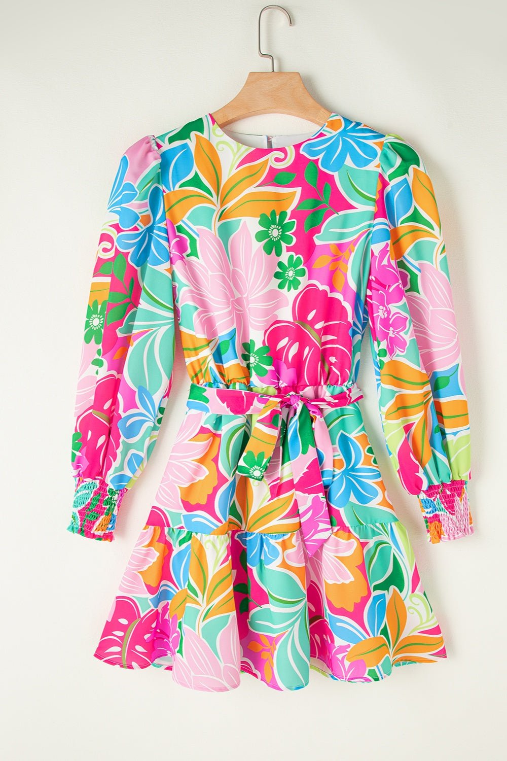 Printed Tie Waist Lantern Sleeve Mini Dress - Mervyns