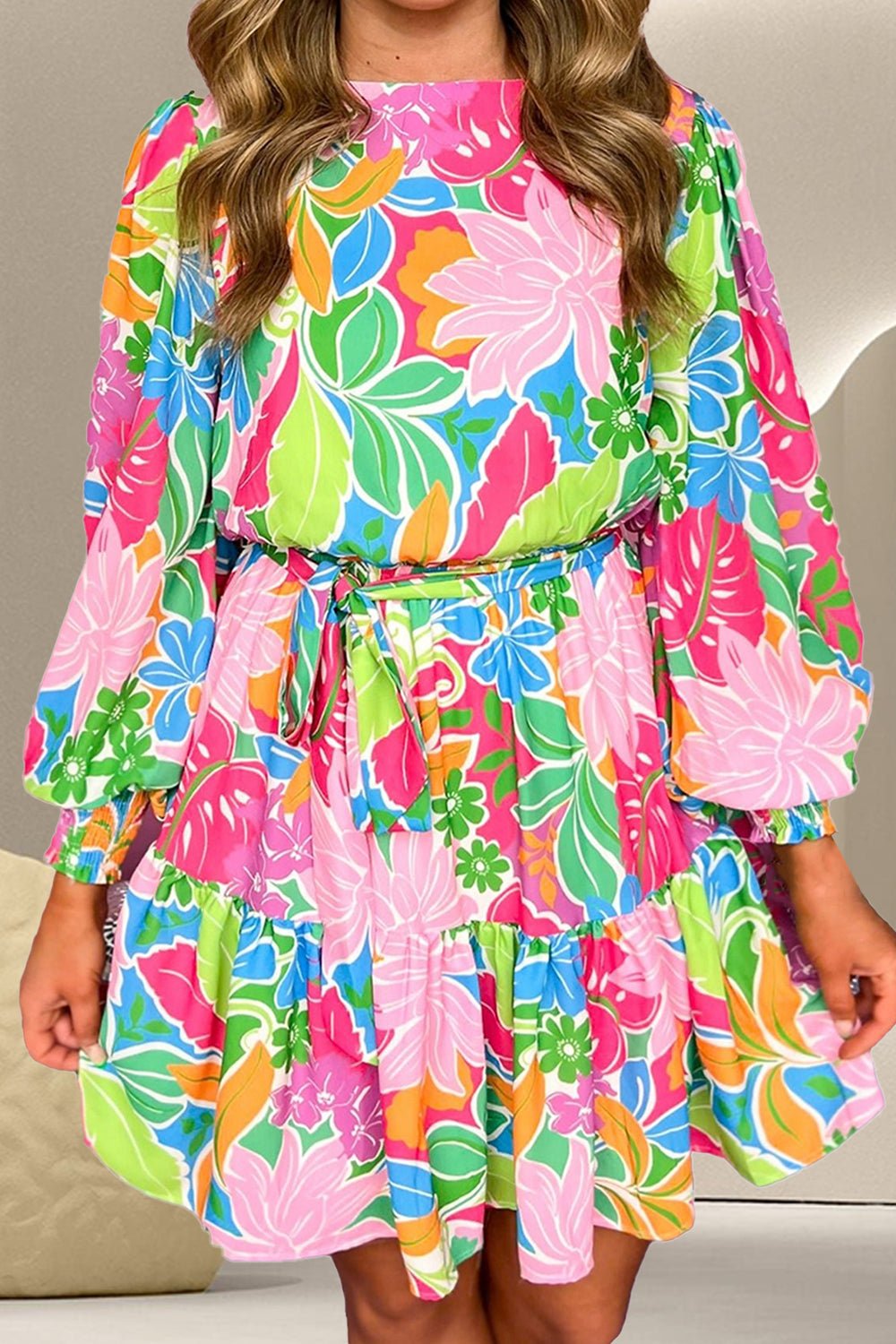 Printed Tie Waist Lantern Sleeve Mini Dress - Mervyns