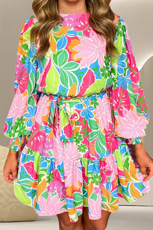 Printed Tie Waist Lantern Sleeve Mini Dress - Mervyns