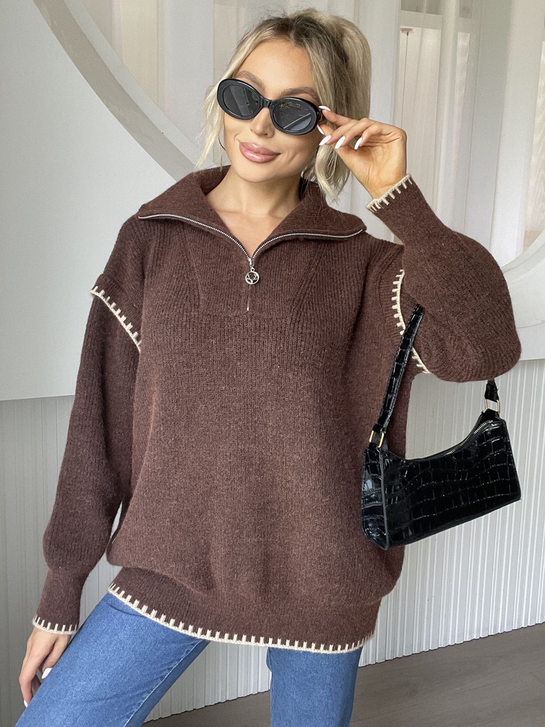 Quarter Zip Contrast Dropped Shoulder Sweater - Mervyns