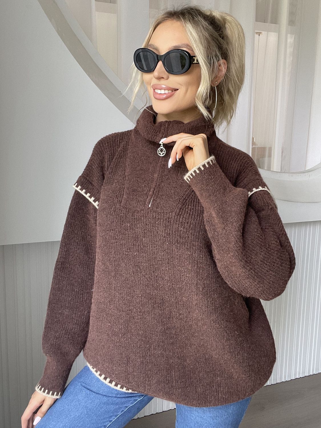 Quarter Zip Contrast Dropped Shoulder Sweater - Mervyns