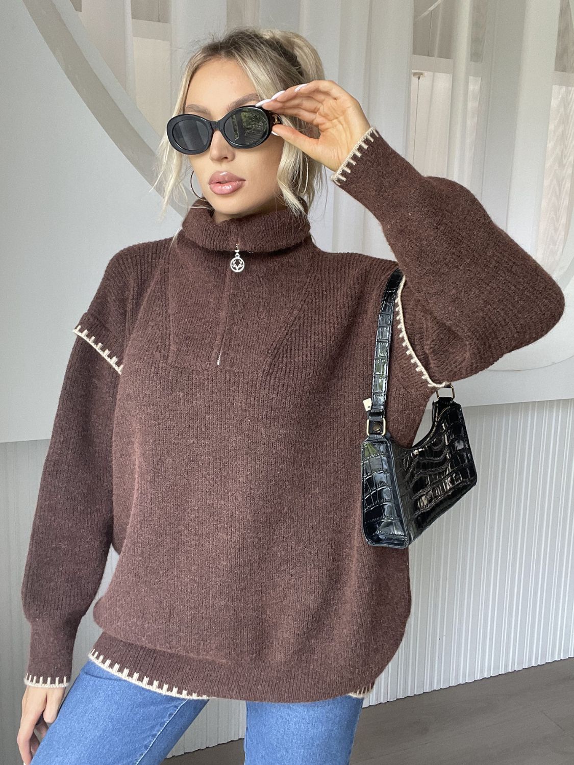 Quarter Zip Contrast Dropped Shoulder Sweater - Mervyns