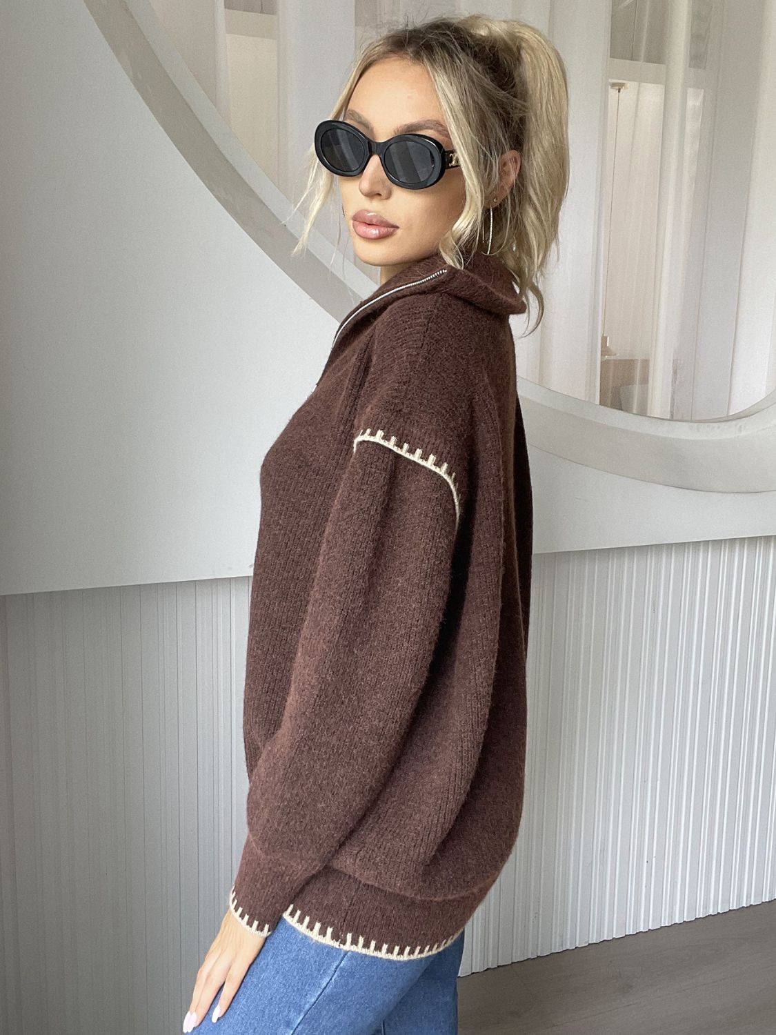 Quarter Zip Contrast Dropped Shoulder Sweater - Mervyns
