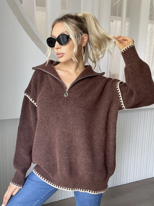 Quarter Zip Contrast Dropped Shoulder Sweater - Mervyns