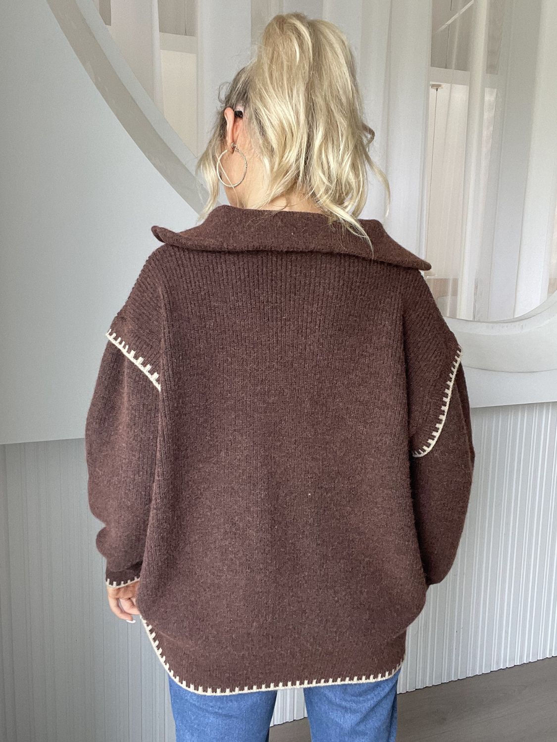 Quarter Zip Contrast Dropped Shoulder Sweater - Mervyns