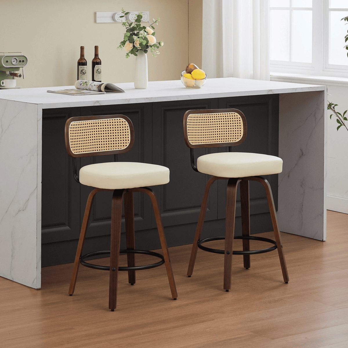 Rattan Counter Height Swivel Stools with Cane Back and Upholstered Seat for Kitchen - Mervyns