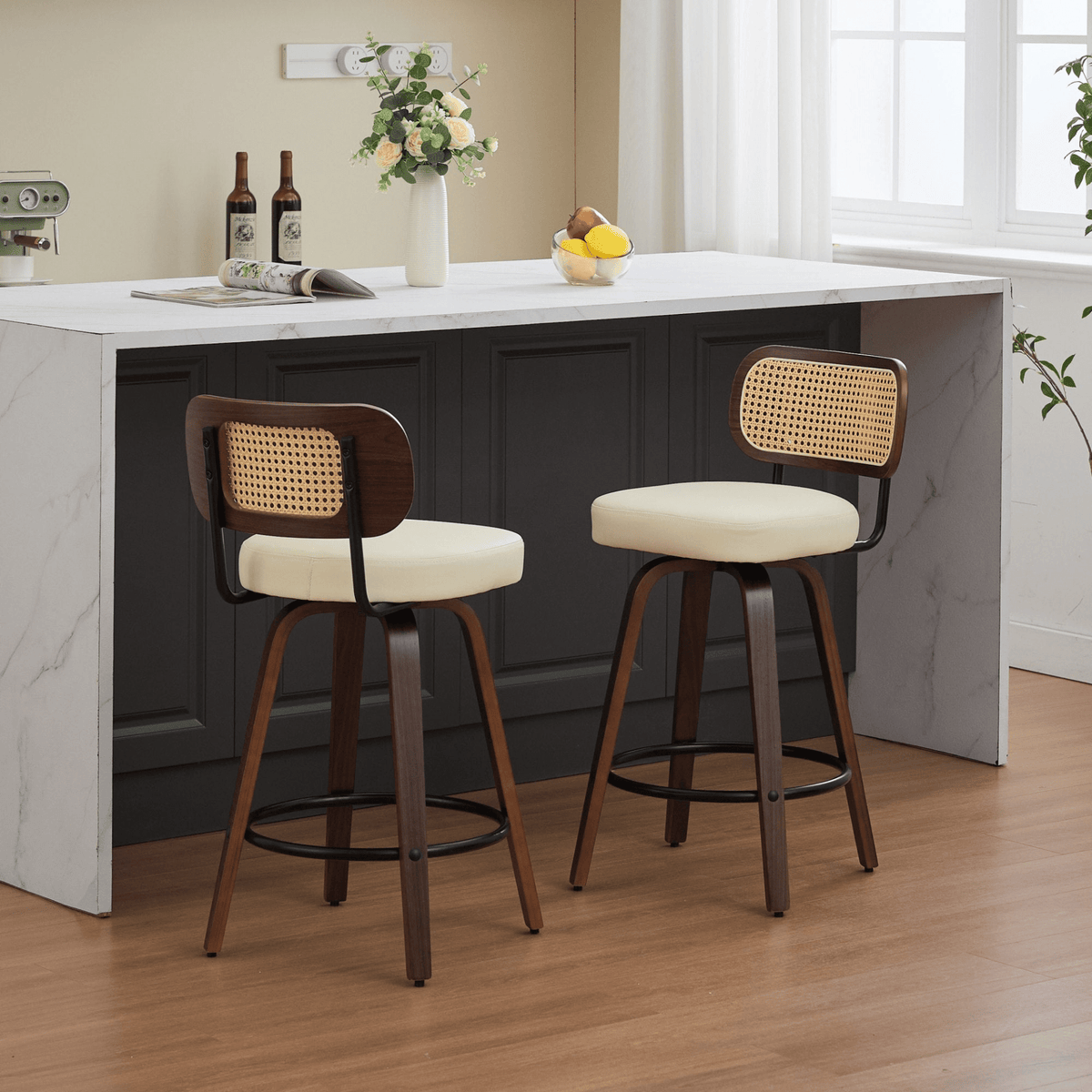 Rattan Counter Height Swivel Stools with Cane Back and Upholstered Seat for Kitchen - Mervyns