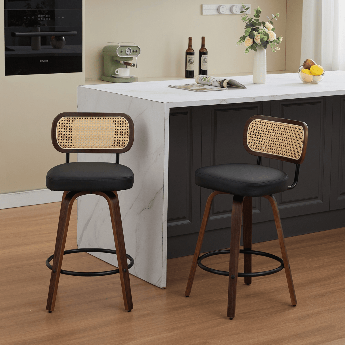 Rattan Counter Height Swivel Stools with Cane Back and Upholstered Seat for Kitchen - Mervyns