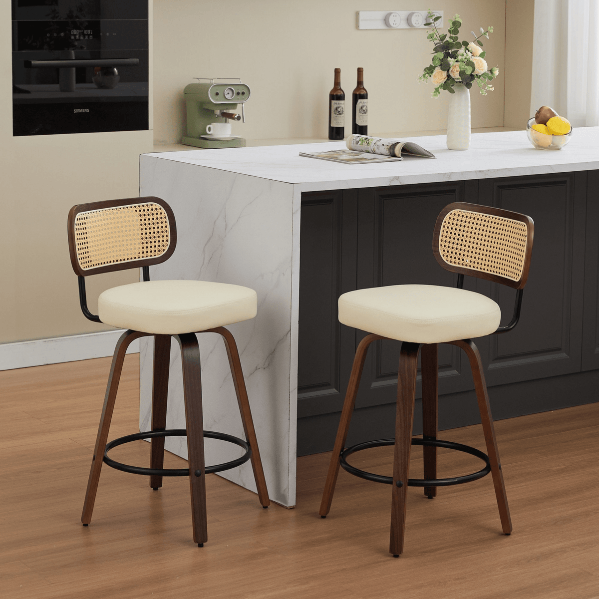 Rattan Counter Height Swivel Stools with Cane Back and Upholstered Seat for Kitchen - Mervyns