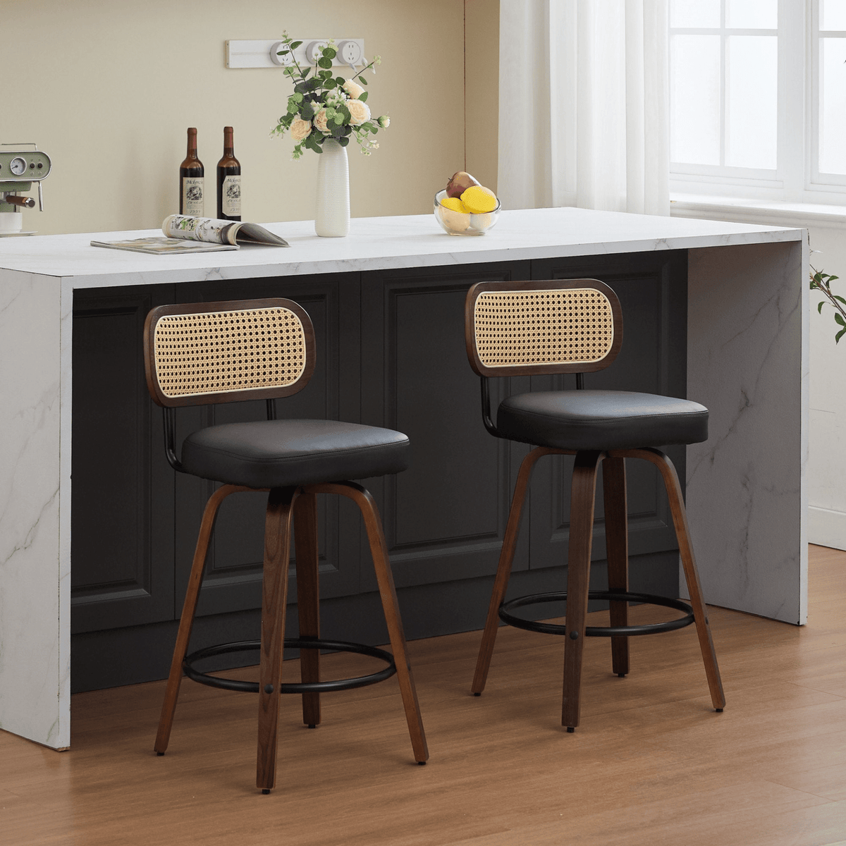 Rattan Counter Height Swivel Stools with Cane Back and Upholstered Seat for Kitchen - Mervyns