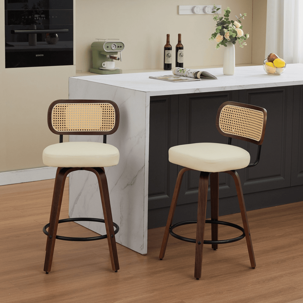 Rattan Counter Height Swivel Stools with Cane Back and Upholstered Seat for Kitchen - Mervyns