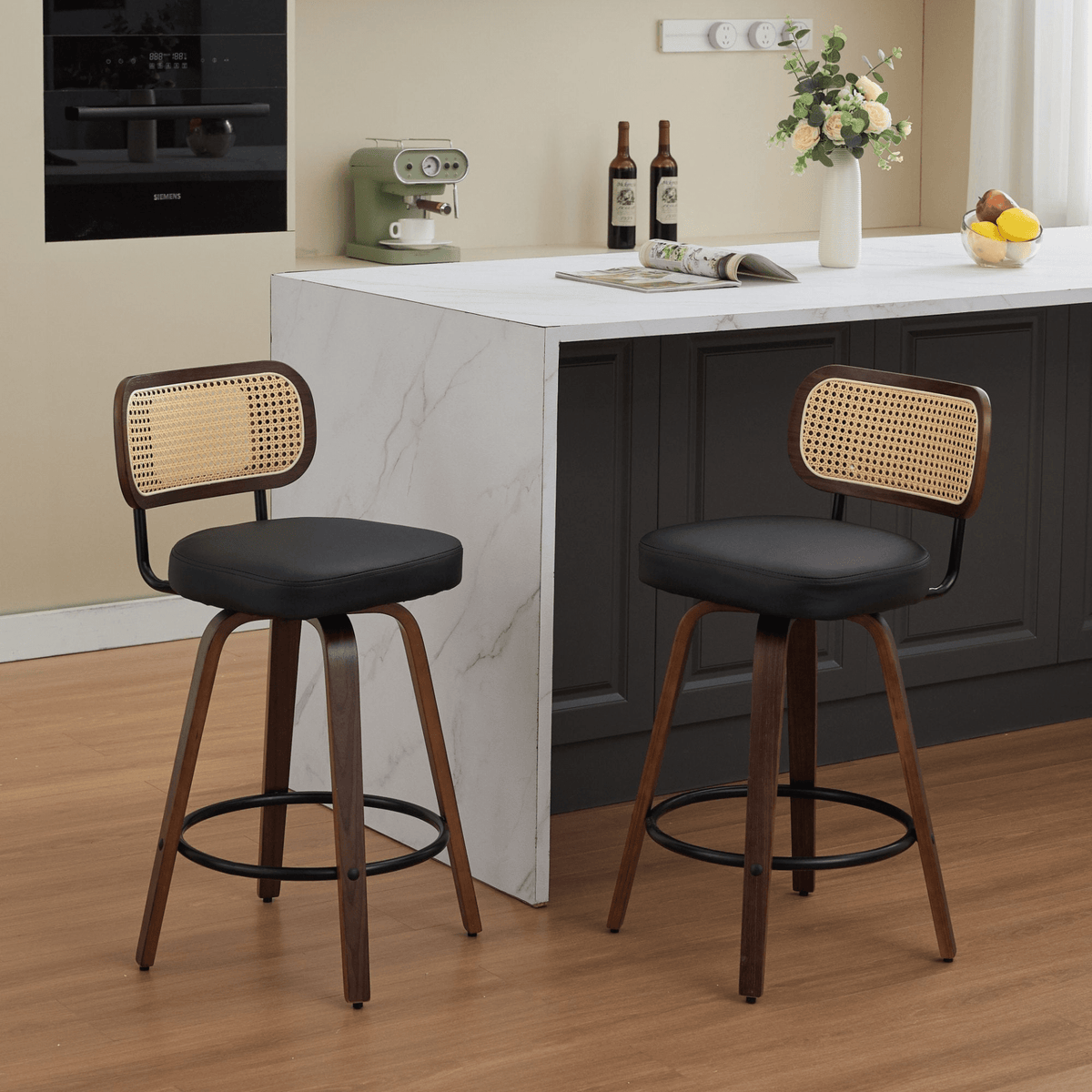 Rattan Counter Height Swivel Stools with Cane Back and Upholstered Seat for Kitchen - Mervyns