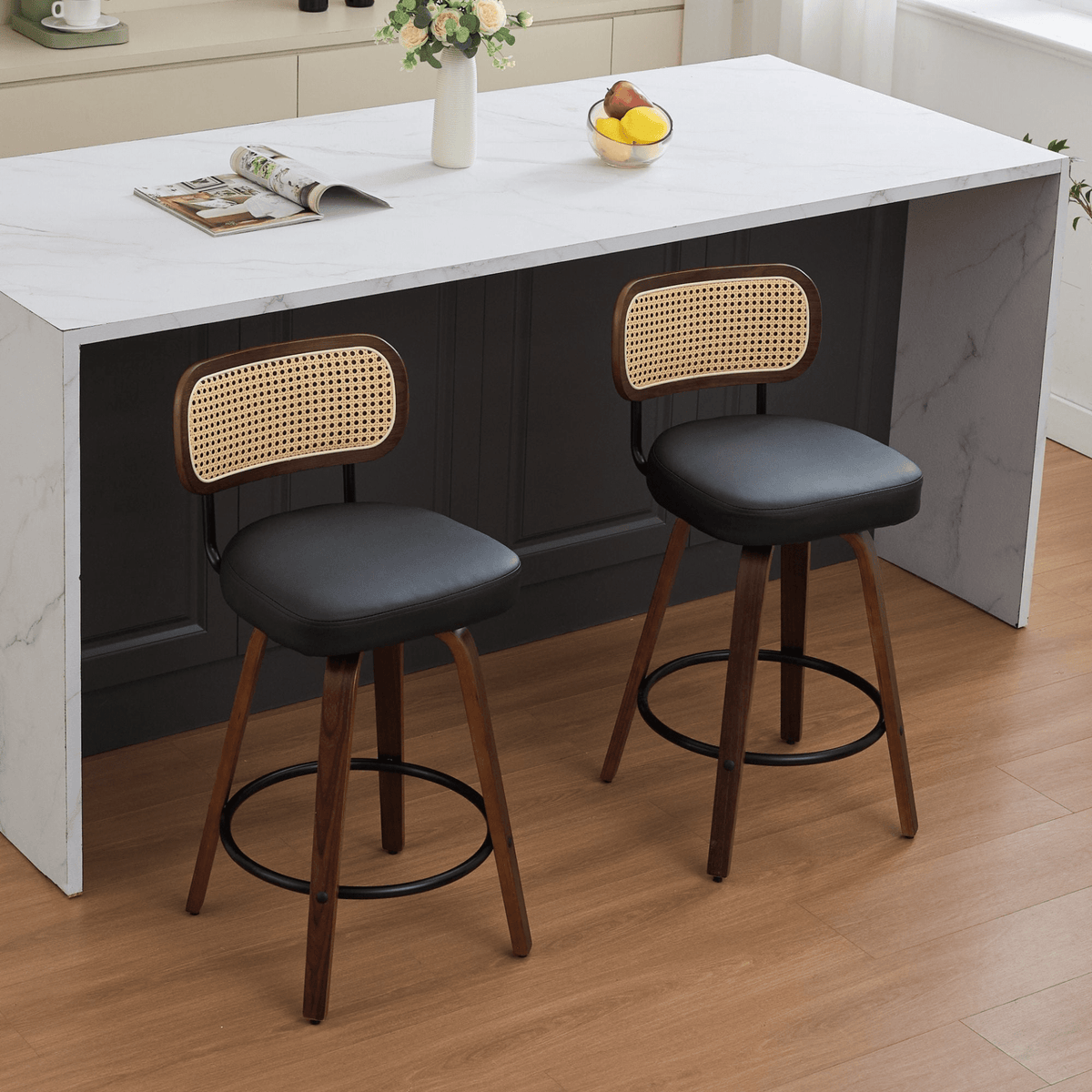Rattan Counter Height Swivel Stools with Cane Back and Upholstered Seat for Kitchen - Mervyns