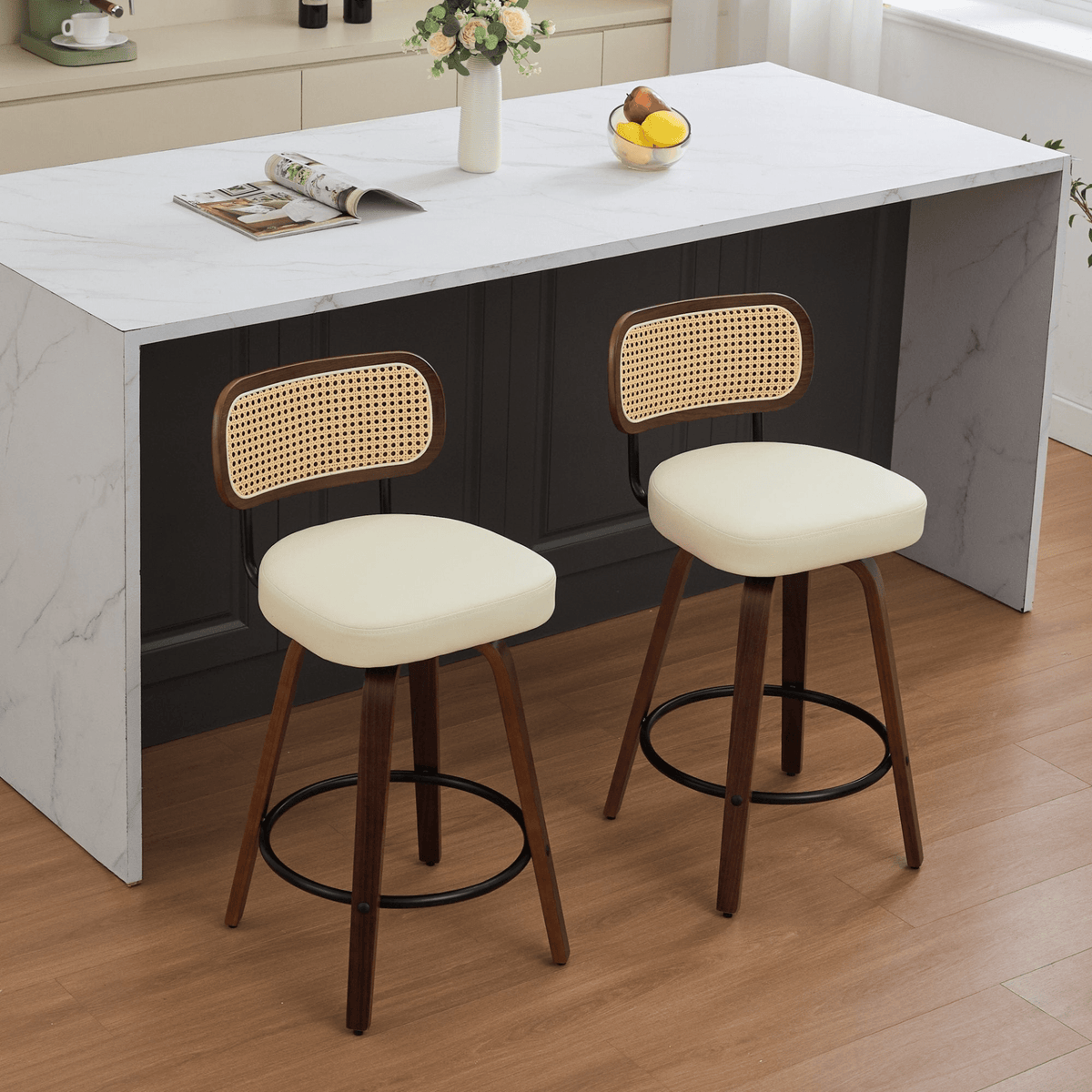 Rattan Counter Height Swivel Stools with Cane Back and Upholstered Seat for Kitchen - Mervyns