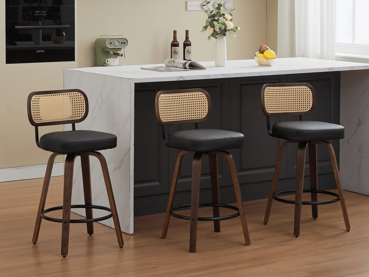 Rattan Counter Height Swivel Stools with Cane Back and Upholstered Seat for Kitchen - Mervyns