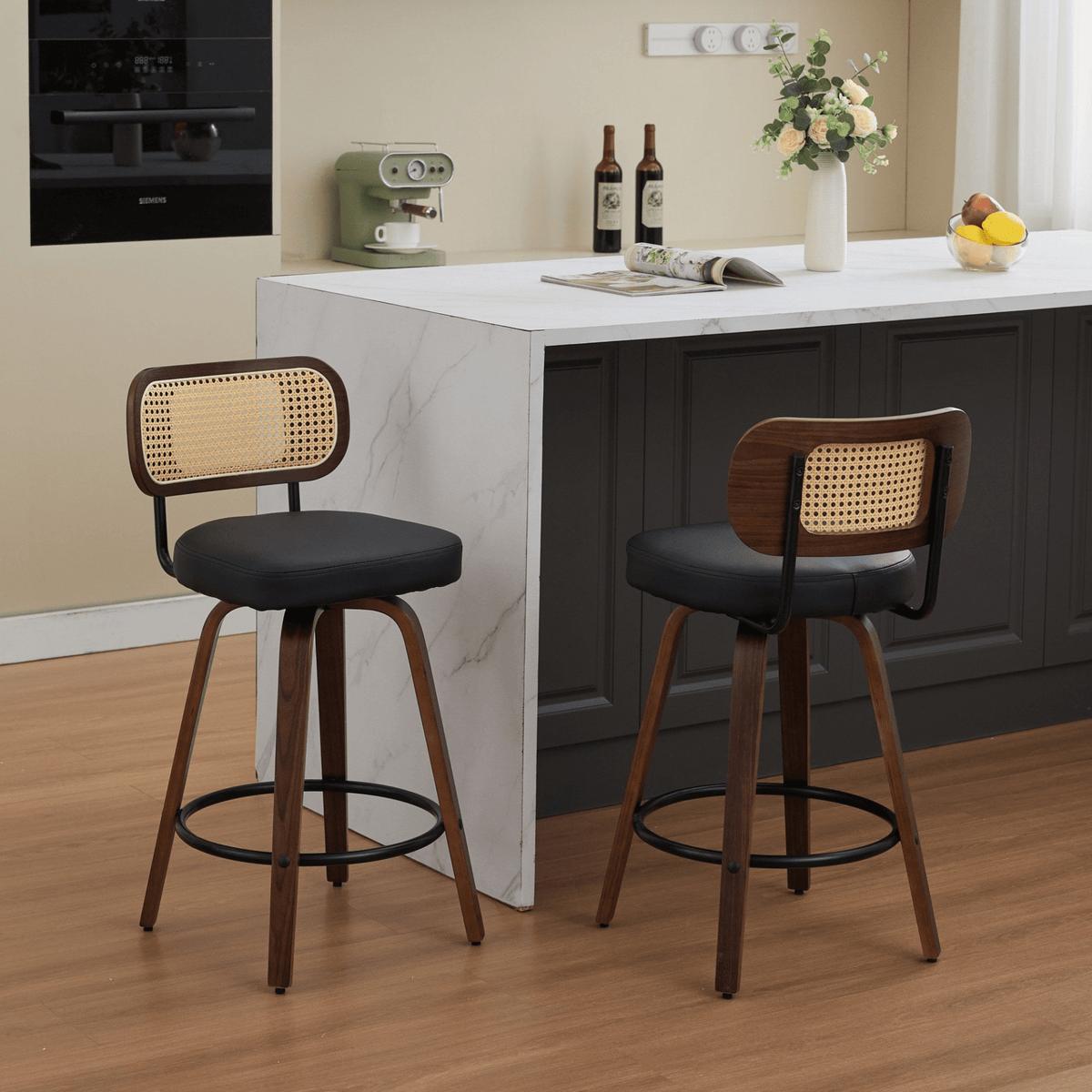 Rattan Counter Height Swivel Stools with Cane Back and Upholstered Seat for Kitchen - Mervyns