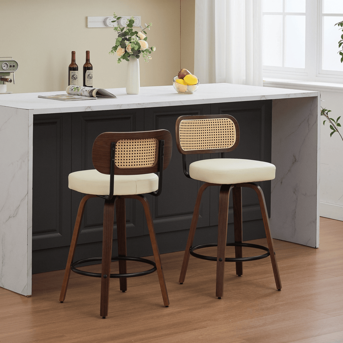 Rattan Counter Height Swivel Stools with Cane Back and Upholstered Seat for Kitchen - Mervyns