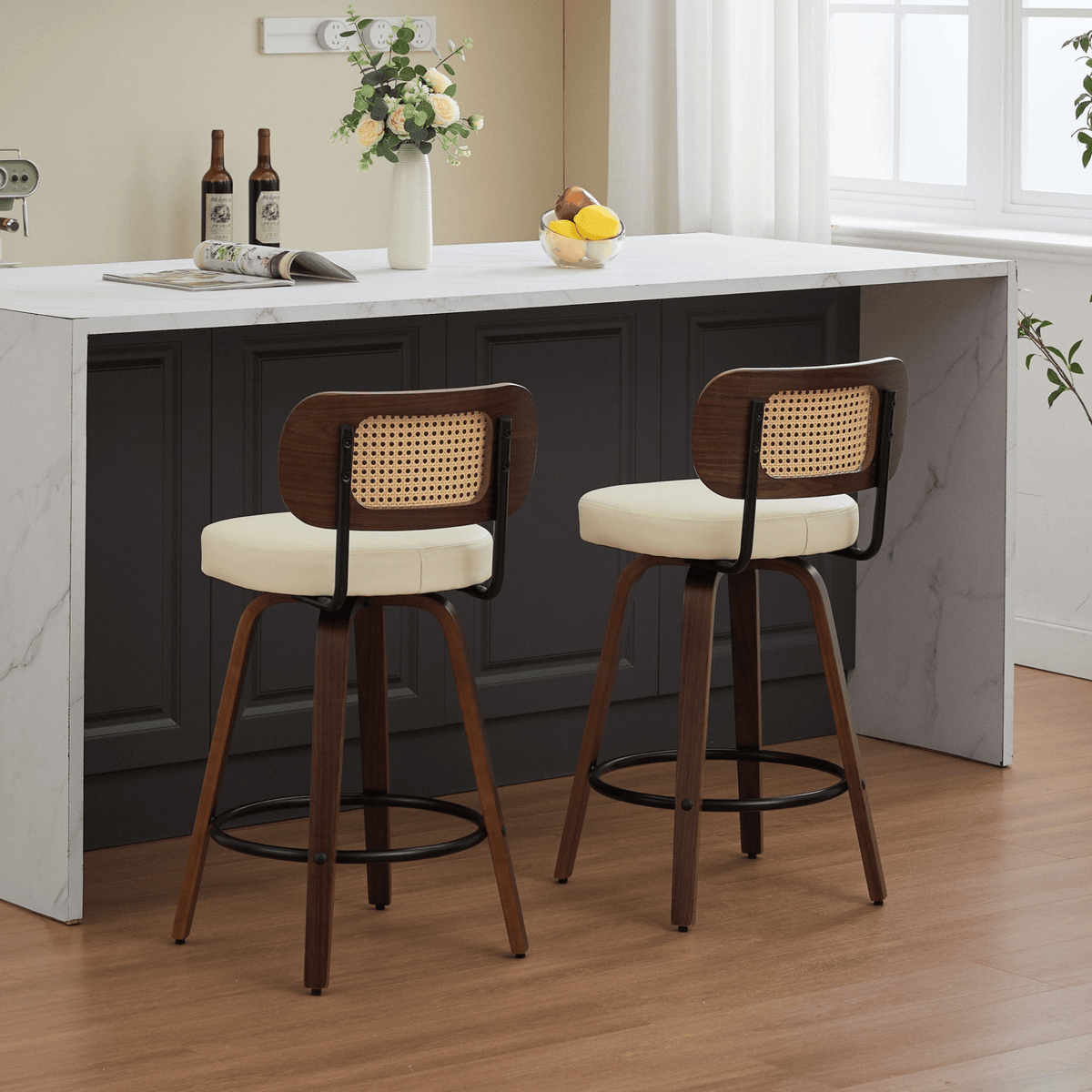 Rattan Counter Height Swivel Stools with Cane Back and Upholstered Seat for Kitchen - Mervyns