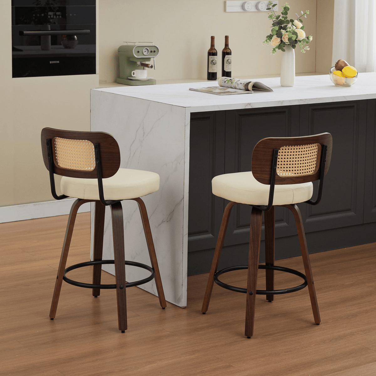 Rattan Counter Height Swivel Stools with Cane Back and Upholstered Seat for Kitchen - Mervyns