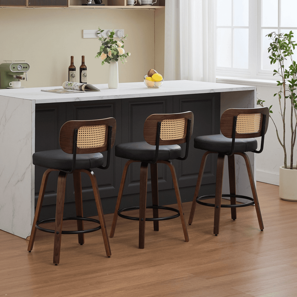 Rattan Counter Height Swivel Stools with Cane Back and Upholstered Seat for Kitchen - Mervyns