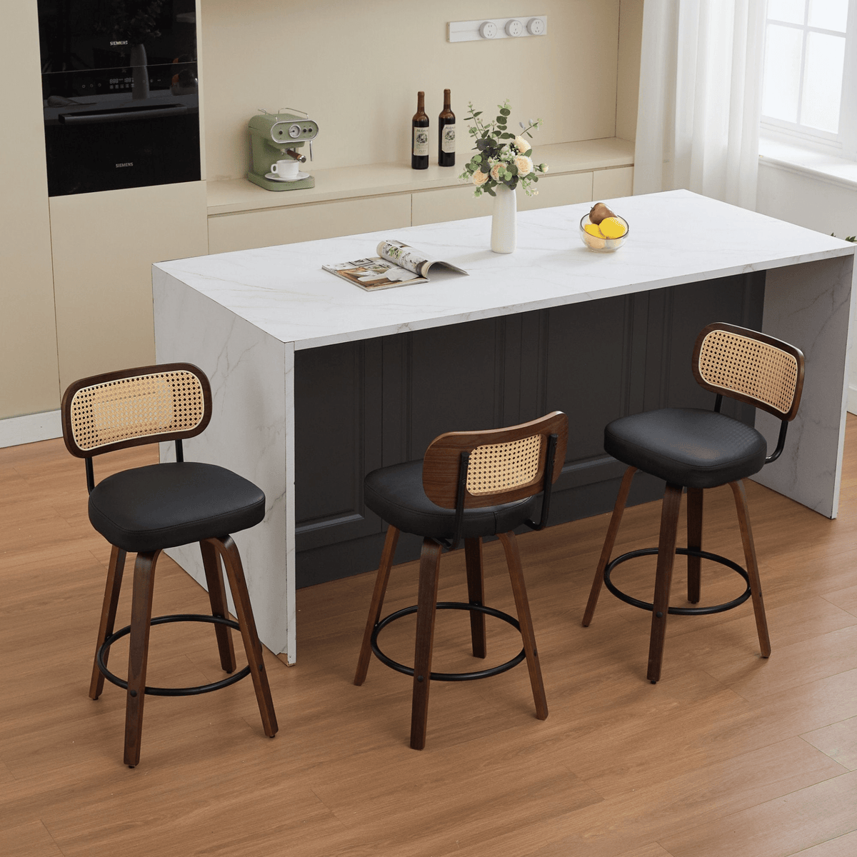 Rattan Counter Height Swivel Stools with Cane Back and Upholstered Seat for Kitchen - Mervyns