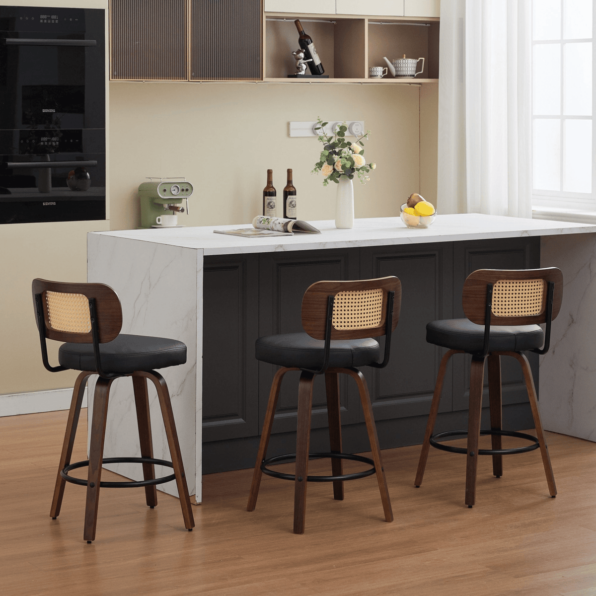 Rattan Counter Height Swivel Stools with Cane Back and Upholstered Seat for Kitchen - Mervyns