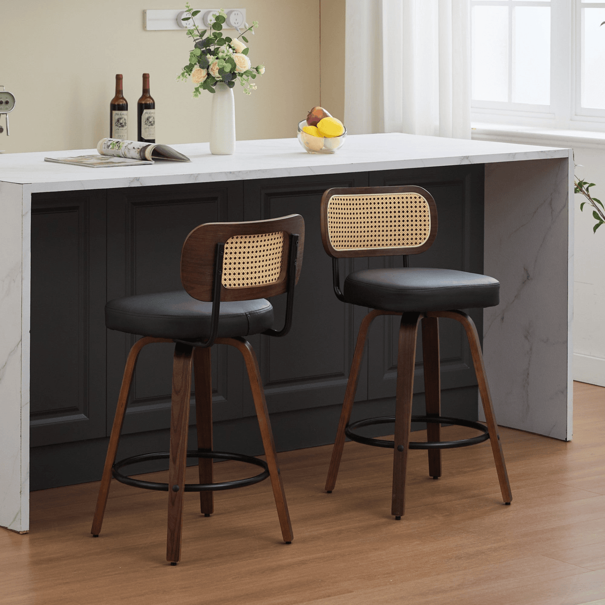 Rattan Counter Height Swivel Stools with Cane Back and Upholstered Seat for Kitchen - Mervyns