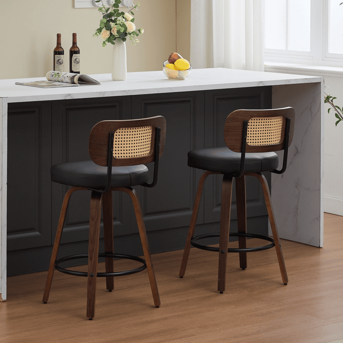 Rattan Counter Height Swivel Stools with Cane Back and Upholstered Seat for Kitchen - Mervyns