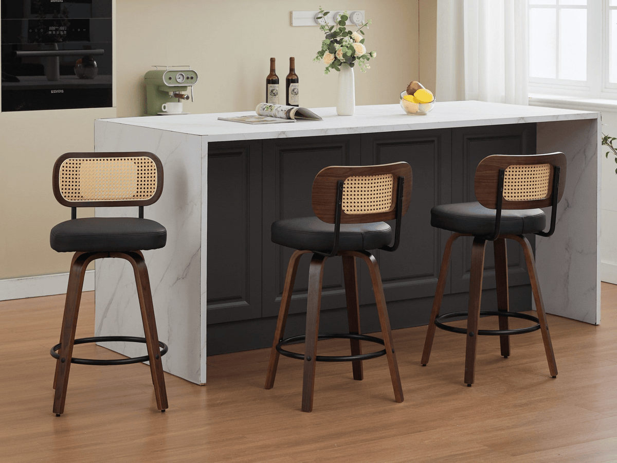 Rattan Counter Height Swivel Stools with Cane Back and Upholstered Seat for Kitchen - Mervyns