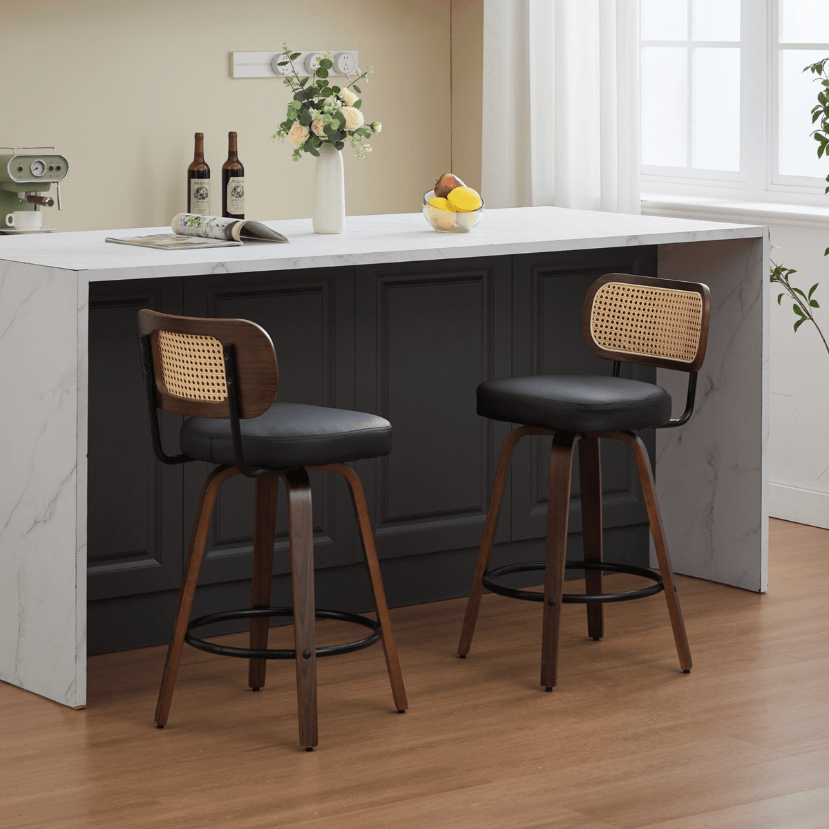 Rattan Counter Height Swivel Stools with Cane Back and Upholstered Seat for Kitchen - Mervyns