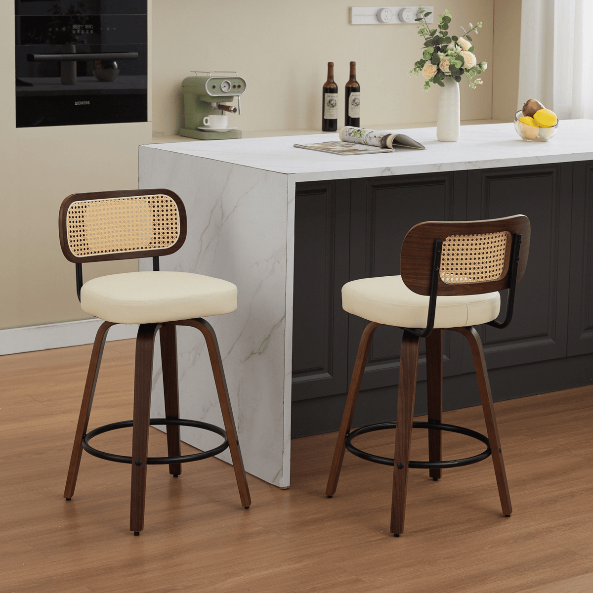 Rattan Counter Height Swivel Stools with Cane Back and Upholstered Seat for Kitchen - Mervyns