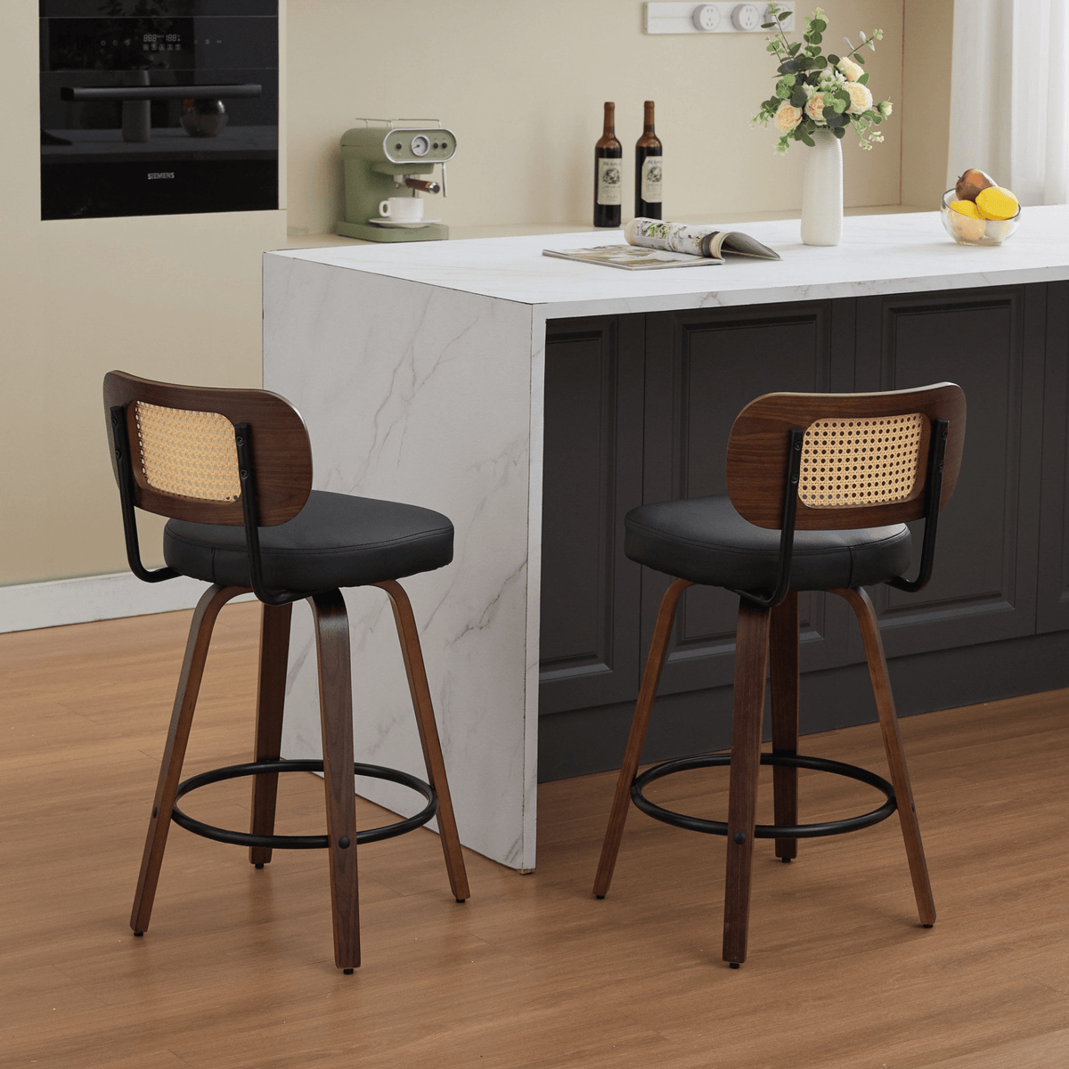 Rattan Counter Height Swivel Stools with Cane Back and Upholstered Seat for Kitchen - Mervyns