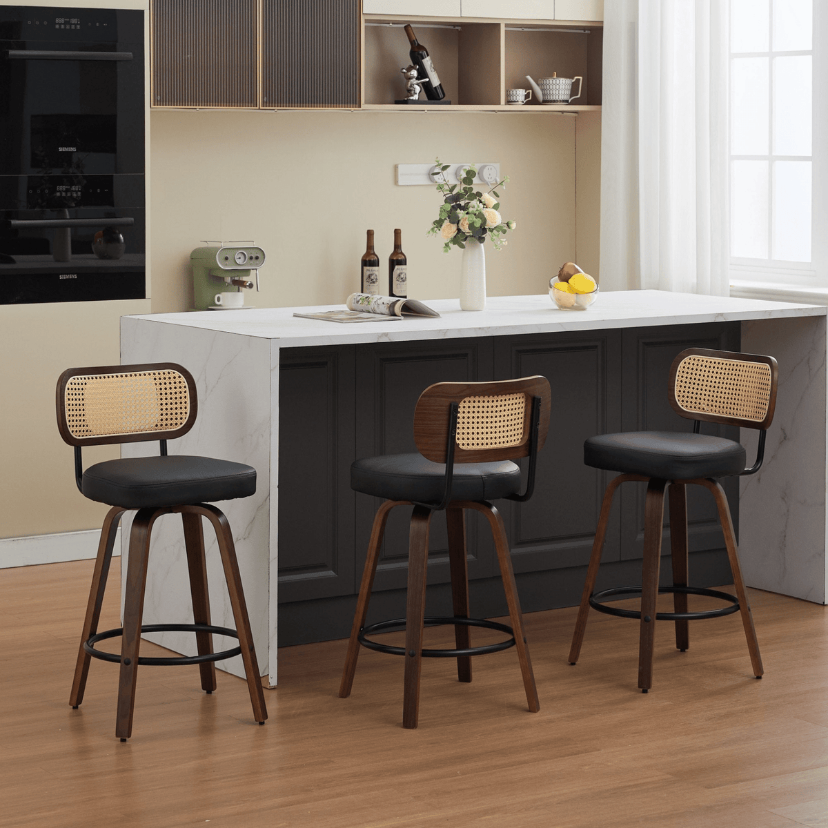 Rattan Counter Height Swivel Stools with Cane Back and Upholstered Seat for Kitchen - Mervyns