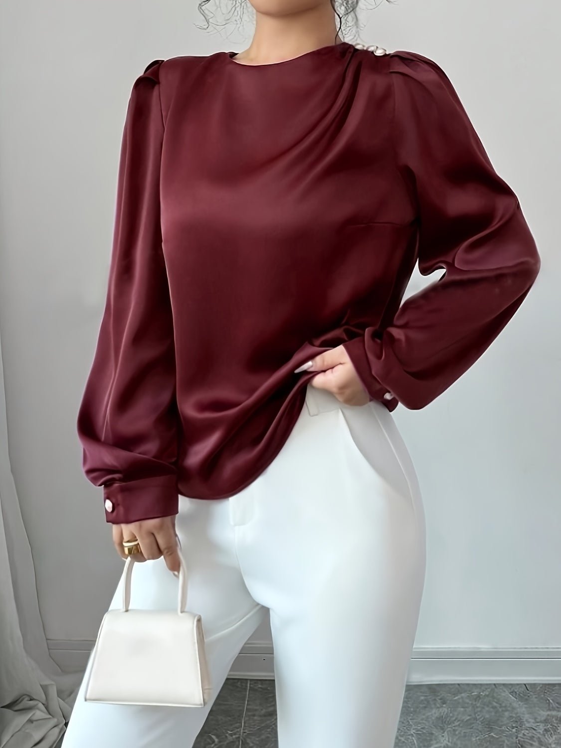 Ruched Round Neck Long Sleeve Blouse - Mervyns