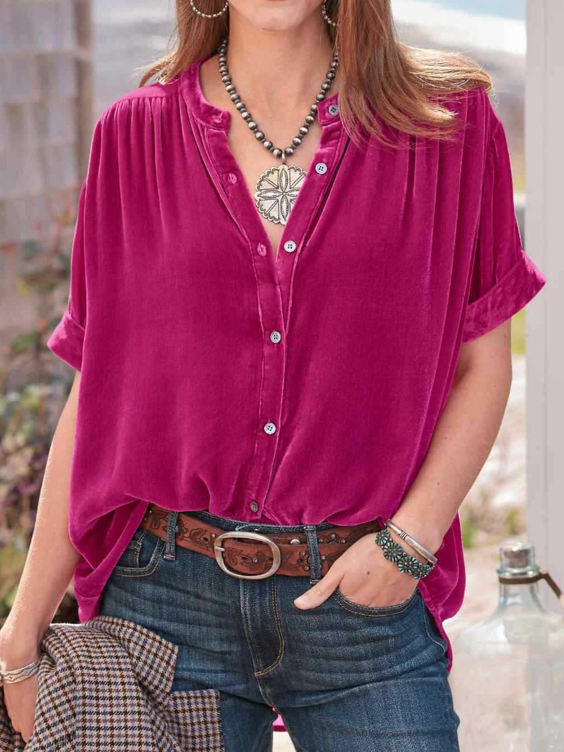 Ruched Round Neck Short Sleeve Shirt - Mervyns