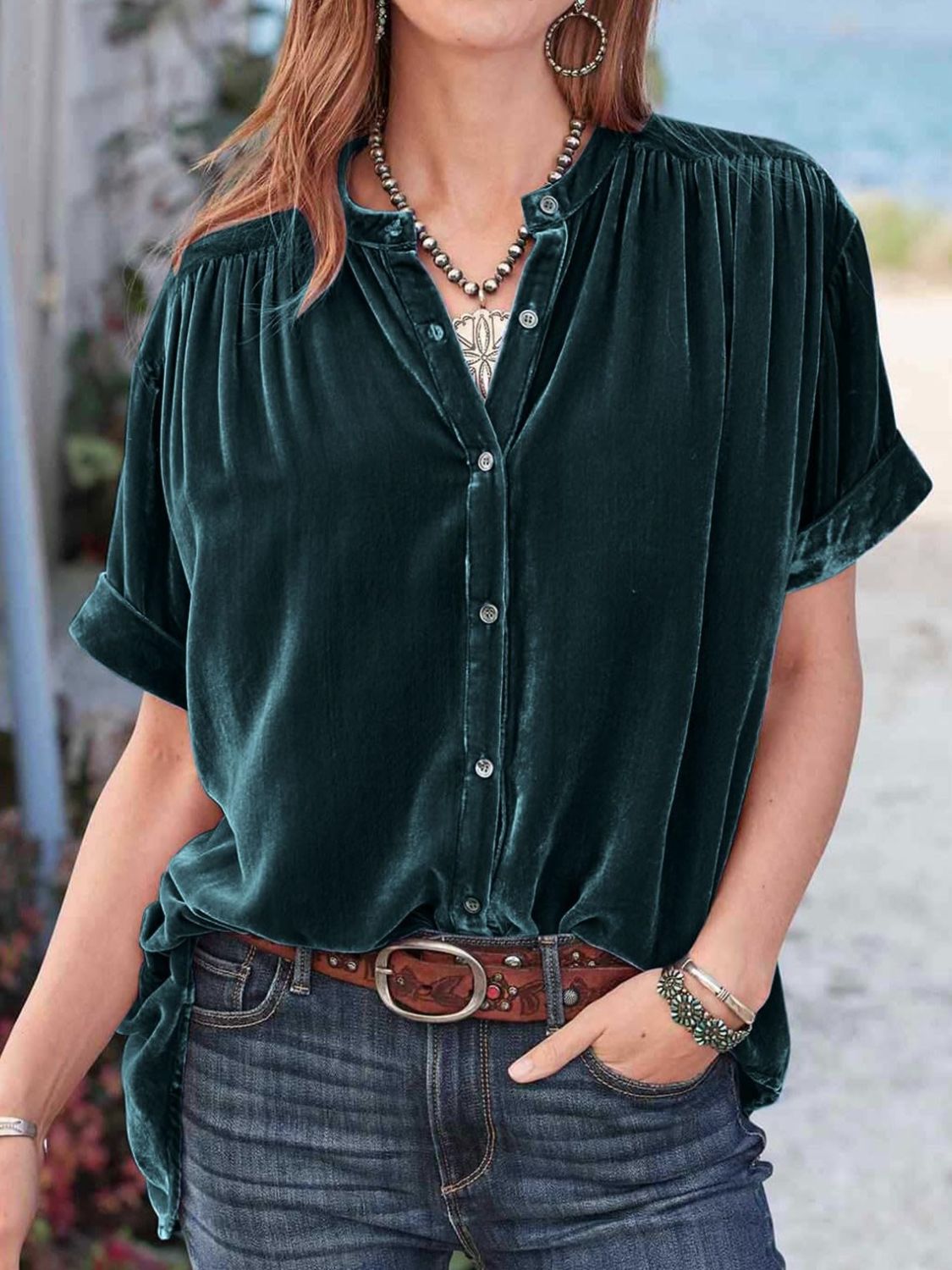 Ruched Round Neck Short Sleeve Shirt - Mervyns